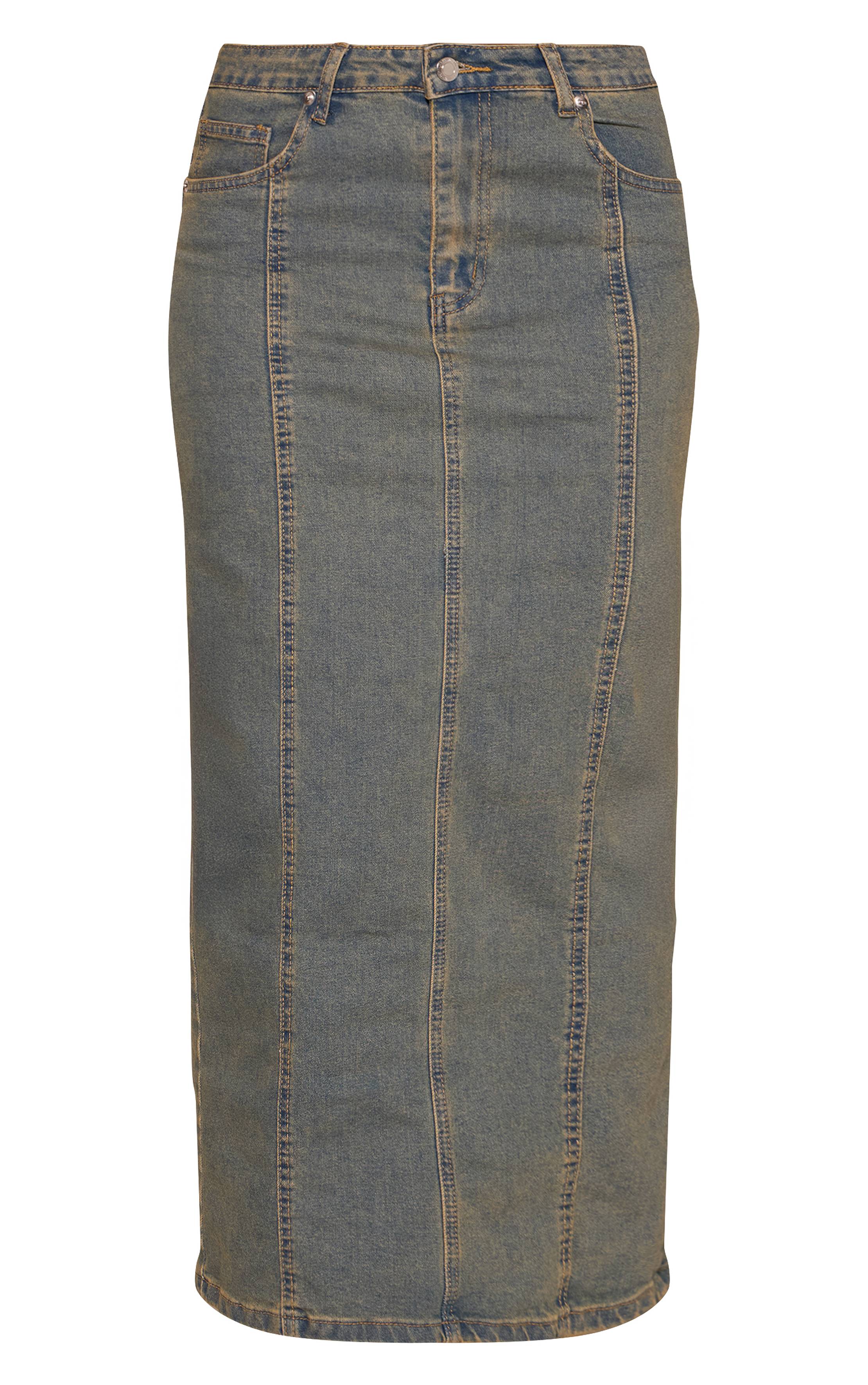 Délavage Vintage Jupe Longue En Jean Délavé Taille Mi-haute Avec Détails De Coutures