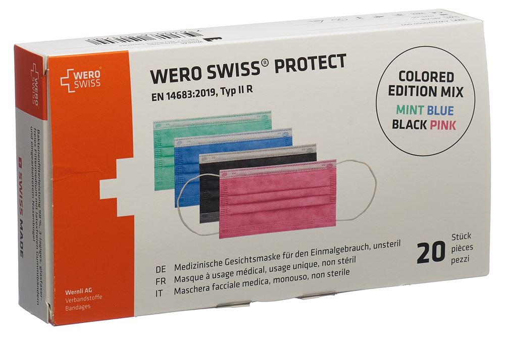 WERO SWISS Protect Maske Typ IIR<br>20 Stück, Box, farbig Mix