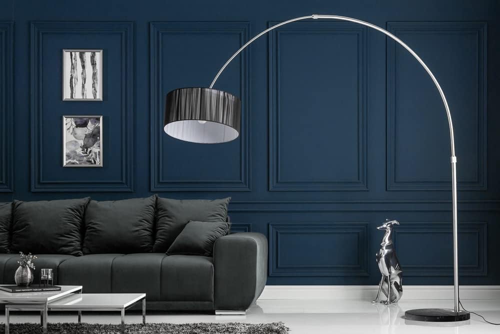 invicta INTERIOR Design Bogenleuchte EXTENSO Stoffschirm in schwarz Stehleuchte mit schwarzem Marmorfuß Bogenlampe Wohnzimmer Beleuchtung