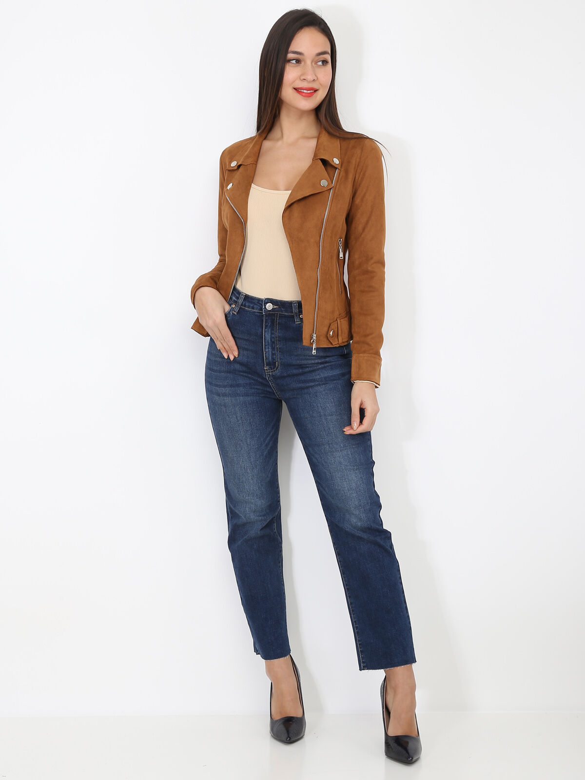 Blouson biker zippé en suédine- Camel foncé