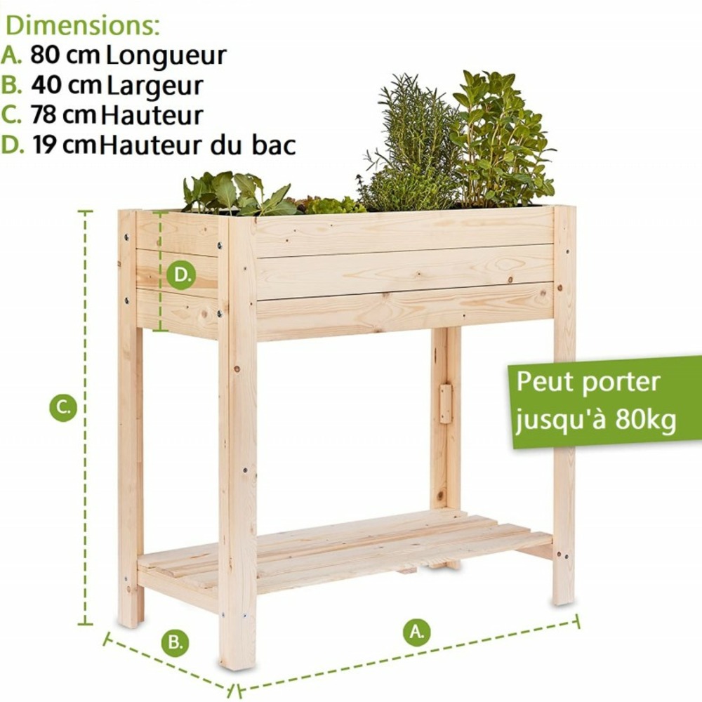 Carré potager sur pied en bois de pin massif avec étagère stable et toison intérieure modèle 