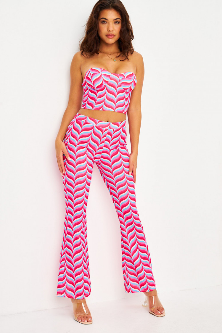 Ensemble 2 pièces crop top + pantalon évasé rose/bleu imprimé rétro