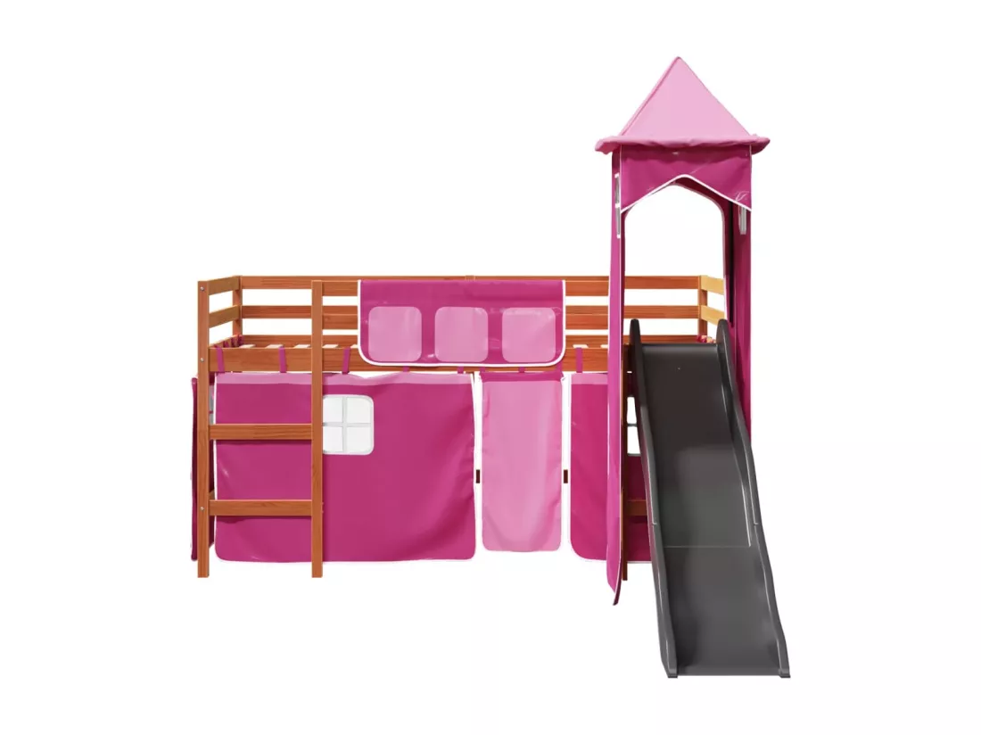 Lit mezzanine enfants avec tour rose 90x190 cm bois pin massif