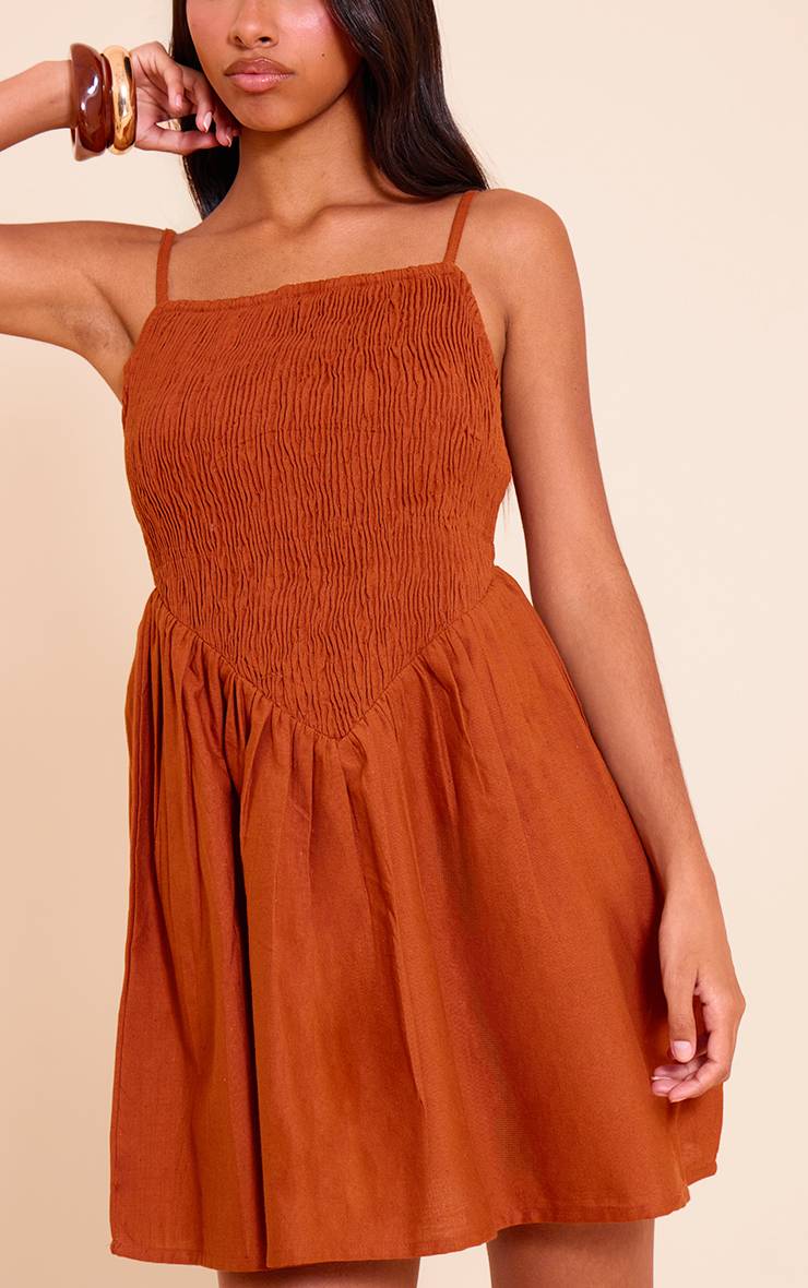 Rouille Robe Droite Petite Taille À Bretelles Spaghetti Et Corsage Froncé