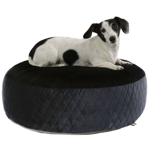 Cama para cachorro estilo puff nas cores preto e azul.
