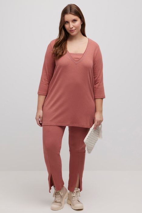 Longshirt, Spitze, V-Ausschnitt, 3/4-Arm, Biobaumwolle