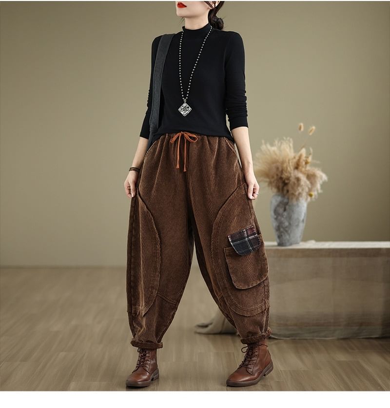 Lewwe - Corduroy cropped baggy broek met trekkoord in de taille