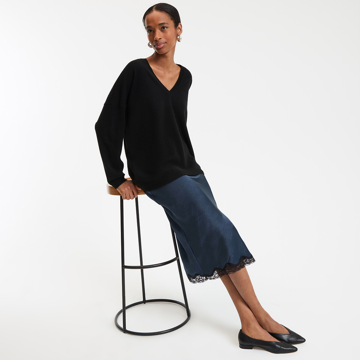 COLEÇÕES LA REDOUTE<br>Suéter de malha fina de cashmere, decote em V, volume generoso