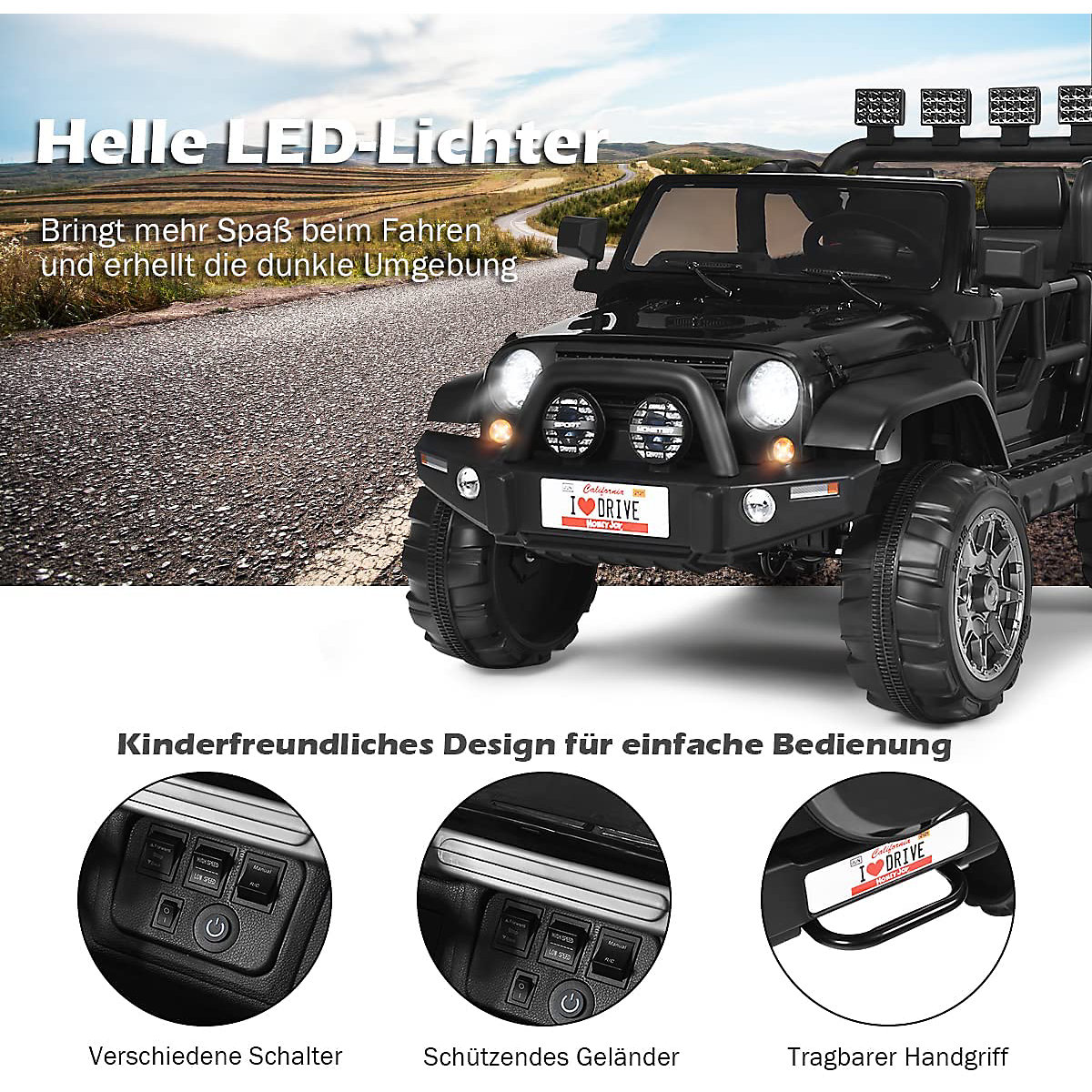 Jeep elétrico, 2 lugares com 3 velocidades, preto