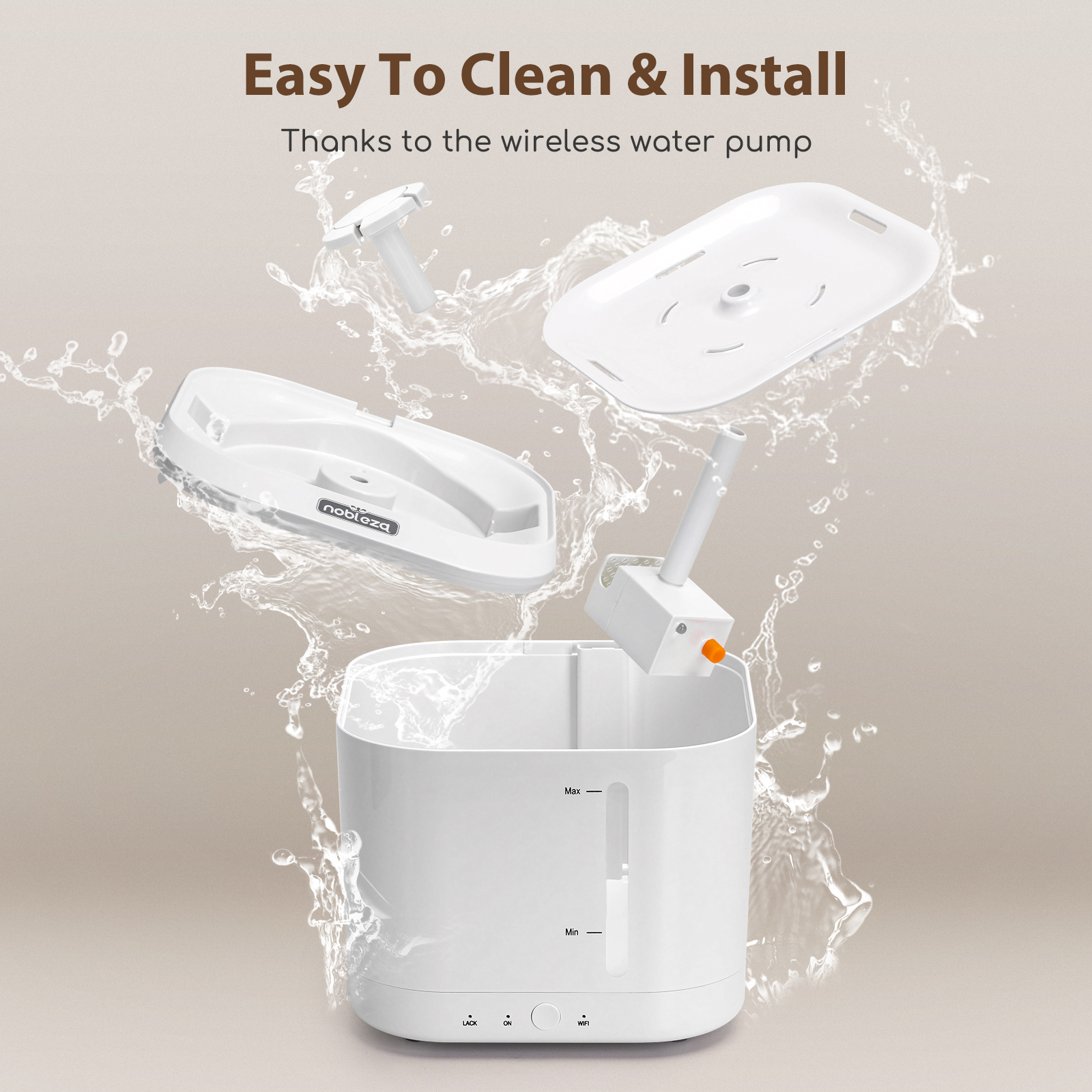 Fonte de água inteligente Nobleza - Bomba de água automática sem fio de 2 litros para cães e gatos, com temporizador e controle remoto por aplicativo, fonte de água para gatos com tripla filtragem, branca.
