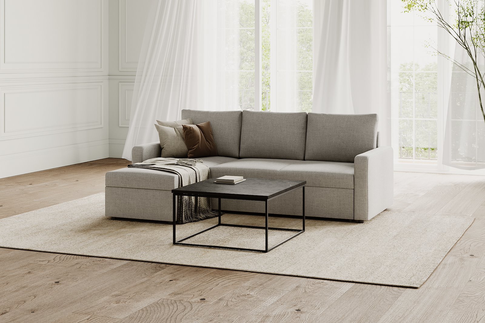 Sacramento sovesofa I tekstil Malmø lysegrå 90 med oppbevaringsrom, uttrekksmadrass og vendbar sjeselong.