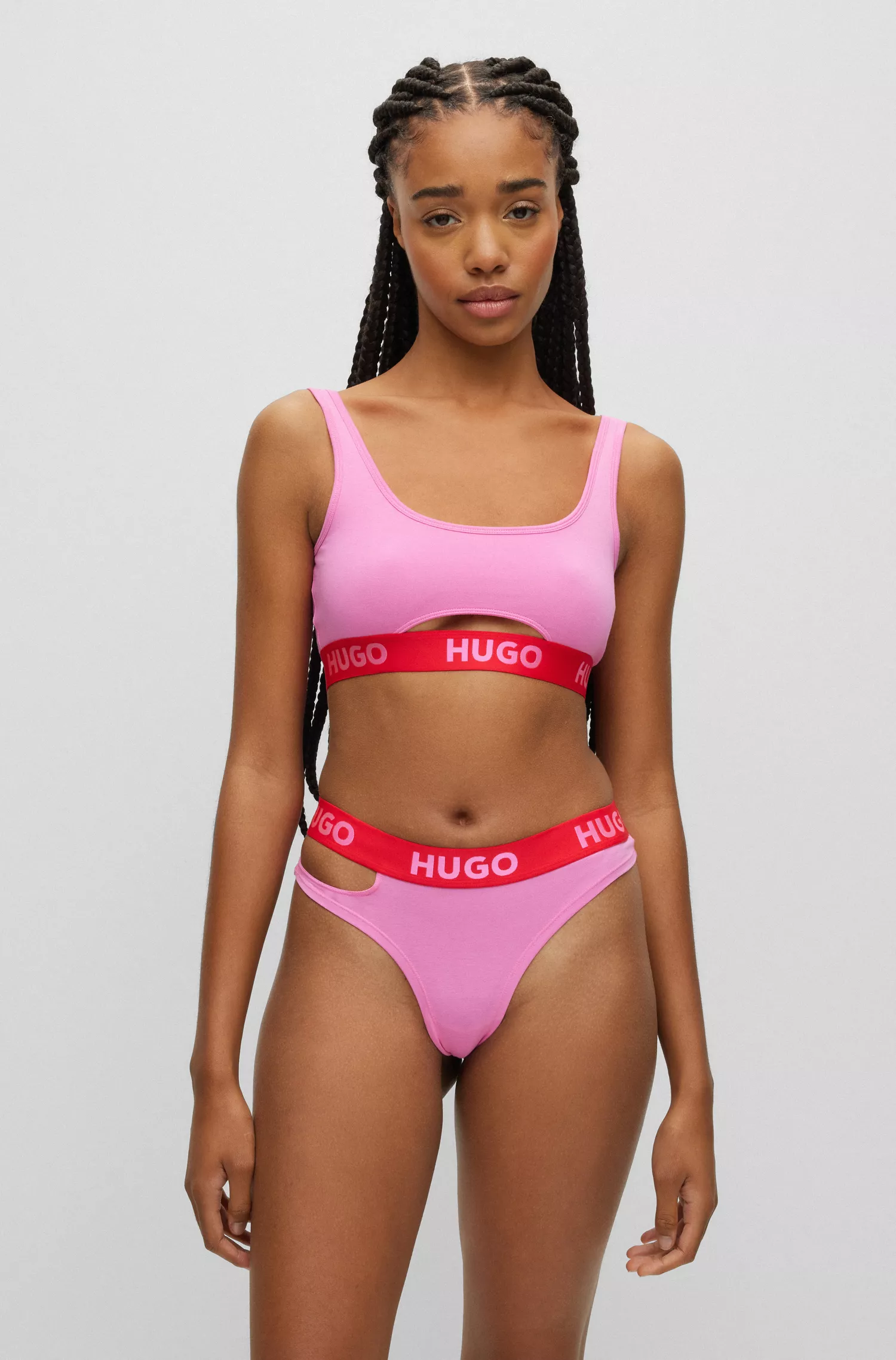 Cueca fio dental HUGO vermelha em algodão elástico com cós com logo.