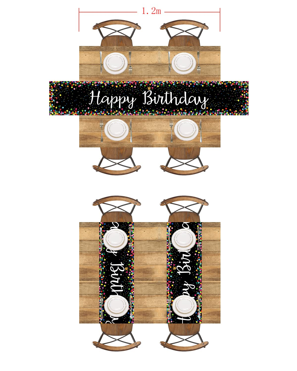 (184x34cm) Happy Birthday Tischläufer Geburtstags Party Deko Tischtuch - Schwarz / Bunt