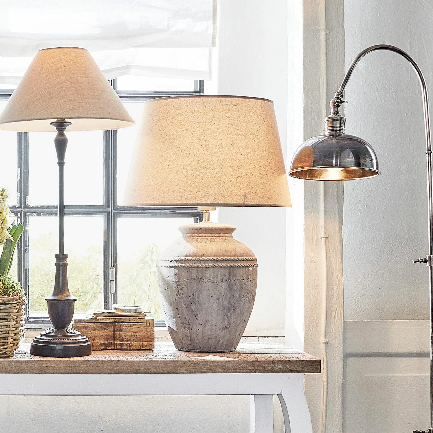LOBERON® Tischlampe Mosnay, Leinen, Kunststoff, Keramik, Eisen, H/Ø ca. 58/30 cm, beige/antikgrau