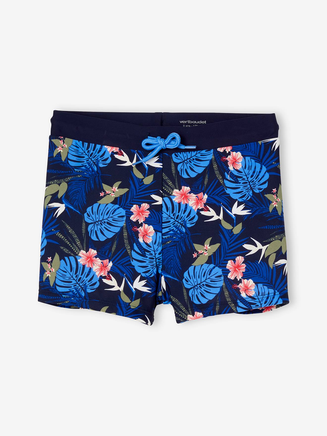 Calção de banho boxer azul marinho com estampa tropical para meninos
