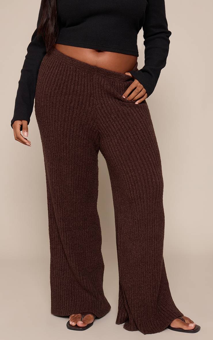 Chocolat Pantalon Large En Maille Bouclée Côtelée Grande Taille