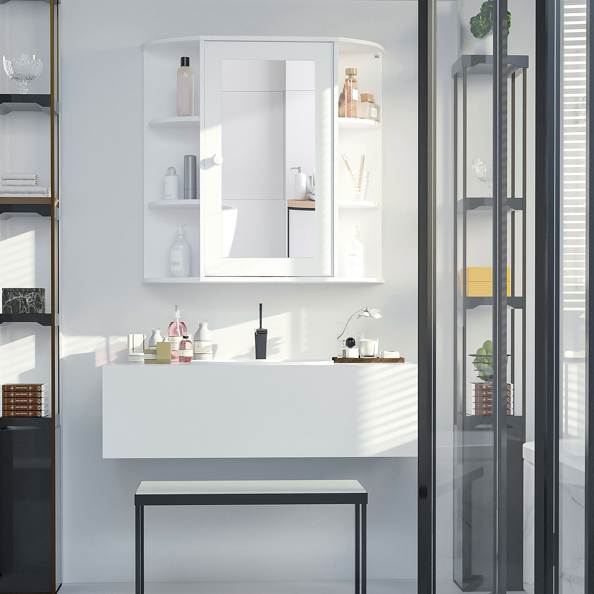 HOMCOM Badezimmerschrank mit Spiegel weiß 66L x 17B x 63Hcm