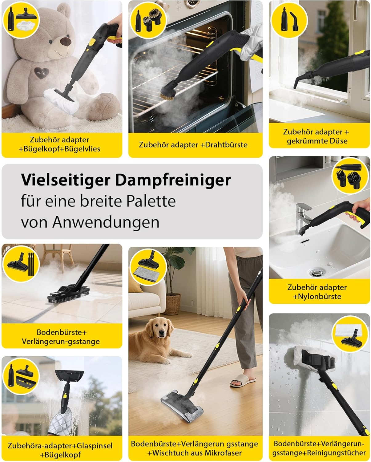 Dampfreiniger, fünf Meter langes Netzkabel, geeignet für die Reinigung von Backöfen, Sofas, Polstermöbeln und Spielzeug, mit 23 Zubehörteilen für eine effektive Fleckenentfernung.