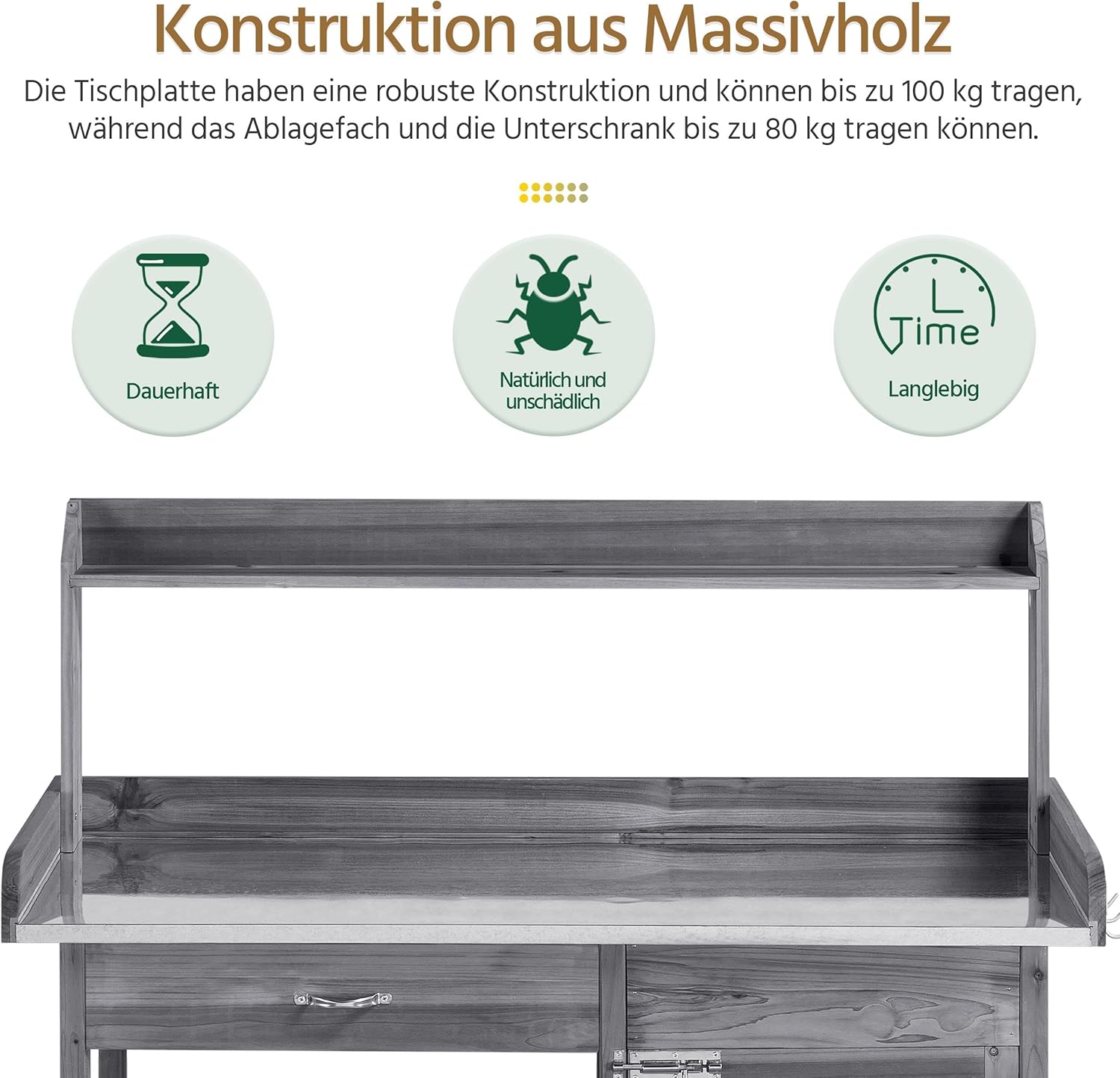 Yaheetech Pflanztisch mit verzinkter Arbeitsplatte, Wetterfest Gärtnertisch Blumentisch Holzpflanztisch mit Unterschrank, Ablagefläche und Schublade für den Garten/Terrasse/Balkon, Grau