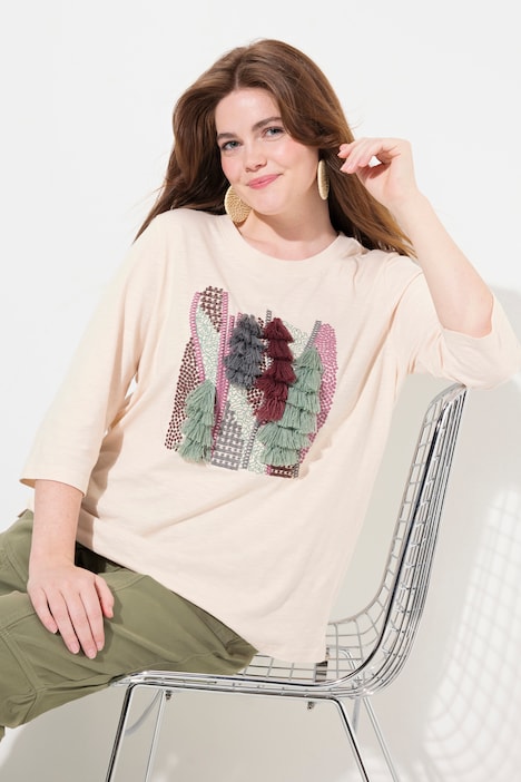 Shirt, Stickerei, Rundhals, 3/4-Arm, Biobaumwolle