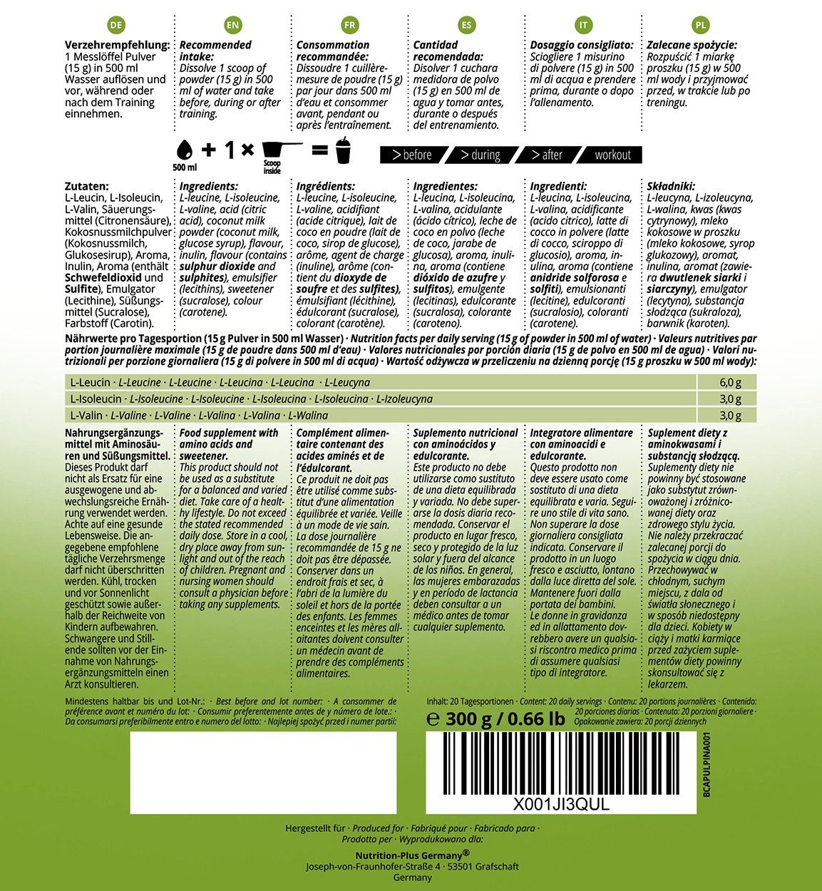 Nutri+ BCAA Pulver 300g - Aminosäuren Komplex