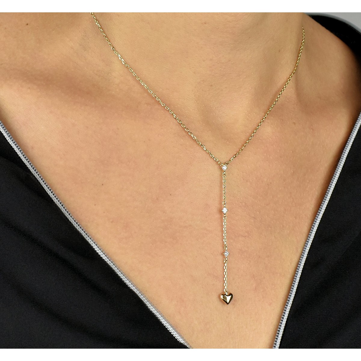 Collier cravate forme en Y coeur oxyde de zirconium Plaqué OR 750 3 microns