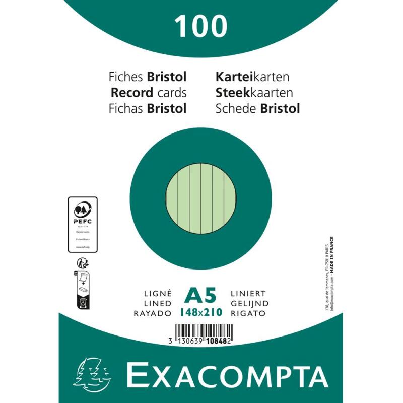 Paquet 100 fiches sous film - bristol ligné non perforé 148x210mm - Vert