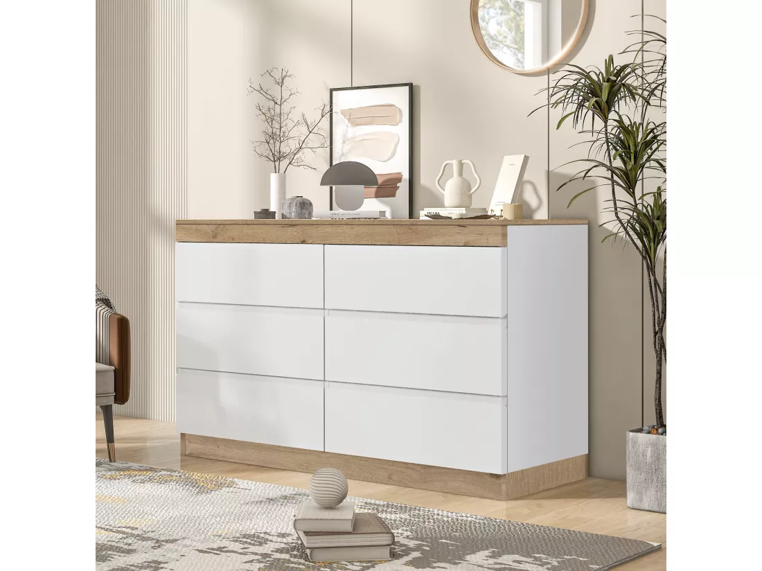 Casier avec 6 tiroirs avec fonction de rangement pour chambre et salon E1 panneau de particules blanc + chêne
