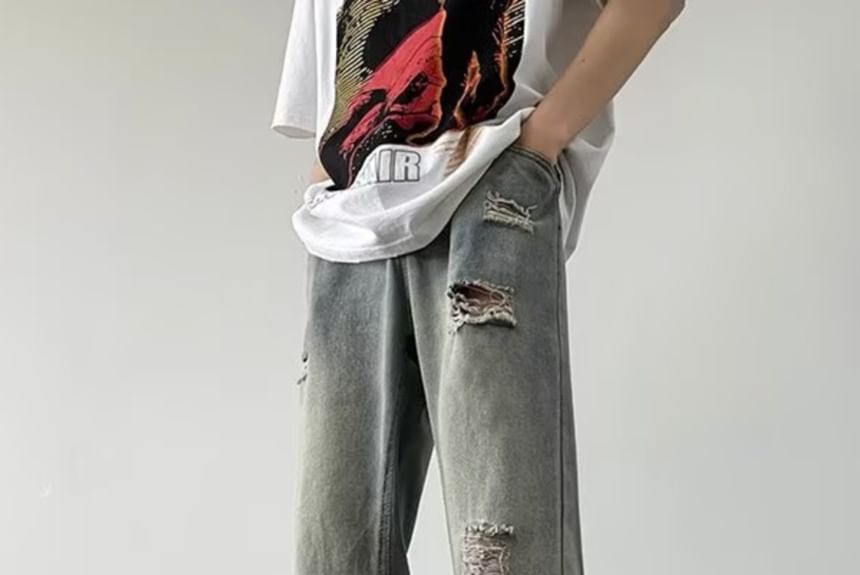 Ateso - Mid Rise Distressed Washed Straight Leg Jeans
