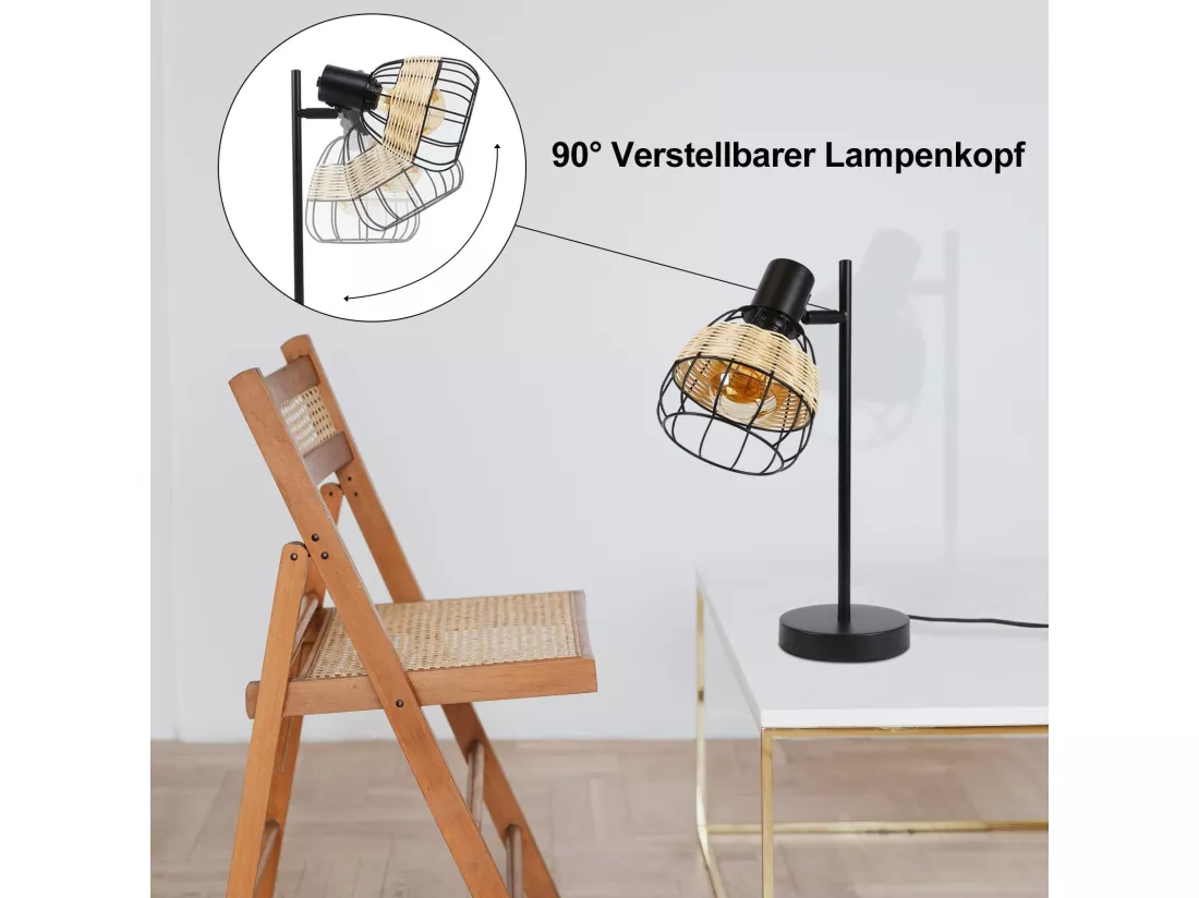 NETTLIFE Lampe de table Vintage Salon Noir - E27Bambou Pivotant Abat-jour avec interrupteur Max.40W - Sans ampoule