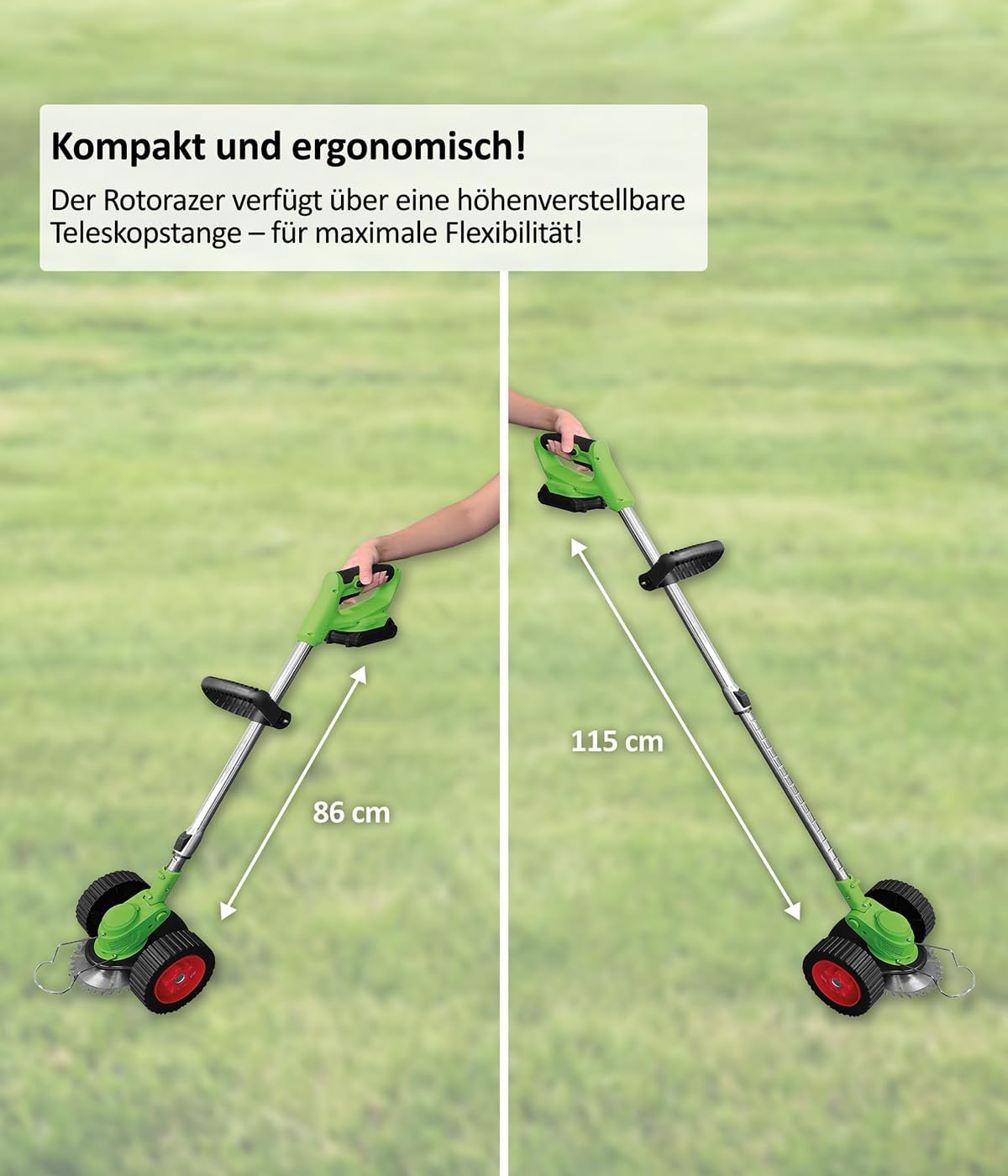 Genius Rotorazer 8 in1 Gartengerät Set 23-TLG. Akku Rasentrimmer Rasenkantenschneider Freischneider mit 2 Akku, Einstellbarer Schnitttiefe, 7 Messerscharfe Klinen, ausziehbare Teleskopstange, Garten