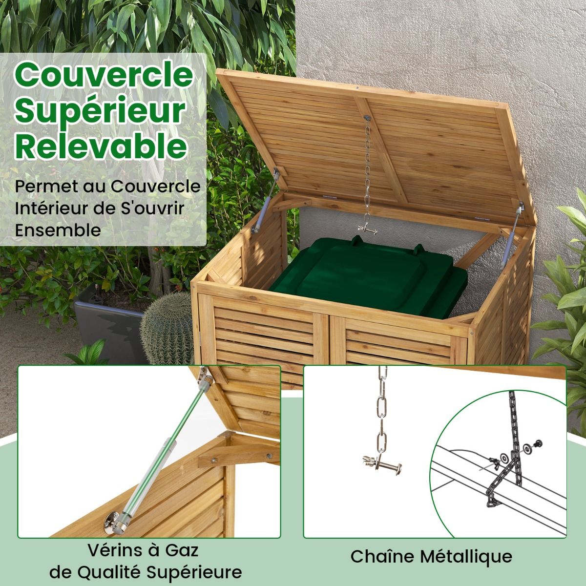 Abri à Poubelle en Bois de 120 L Abri pour Outils d'Extérieur avec Couvercle Ouvrable Doubles Portes Loquet de Verrouillage Naturel - Lidl-Manfred