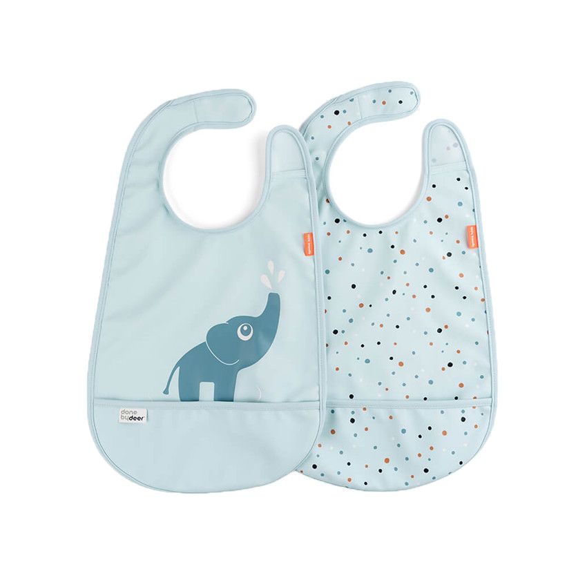 Lot de 2 bavoirs avec velcro - Elphée bleu - Ecru
