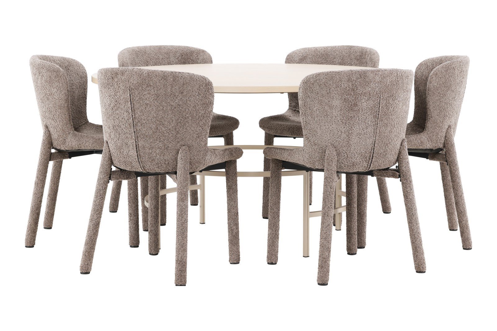 Copenhagen og Astoria Spisegruppe Copenhagen rundt spisebord Ø140 cm i hvit polert med 6 stk. Astoria spisestoler i Brown bouclé.