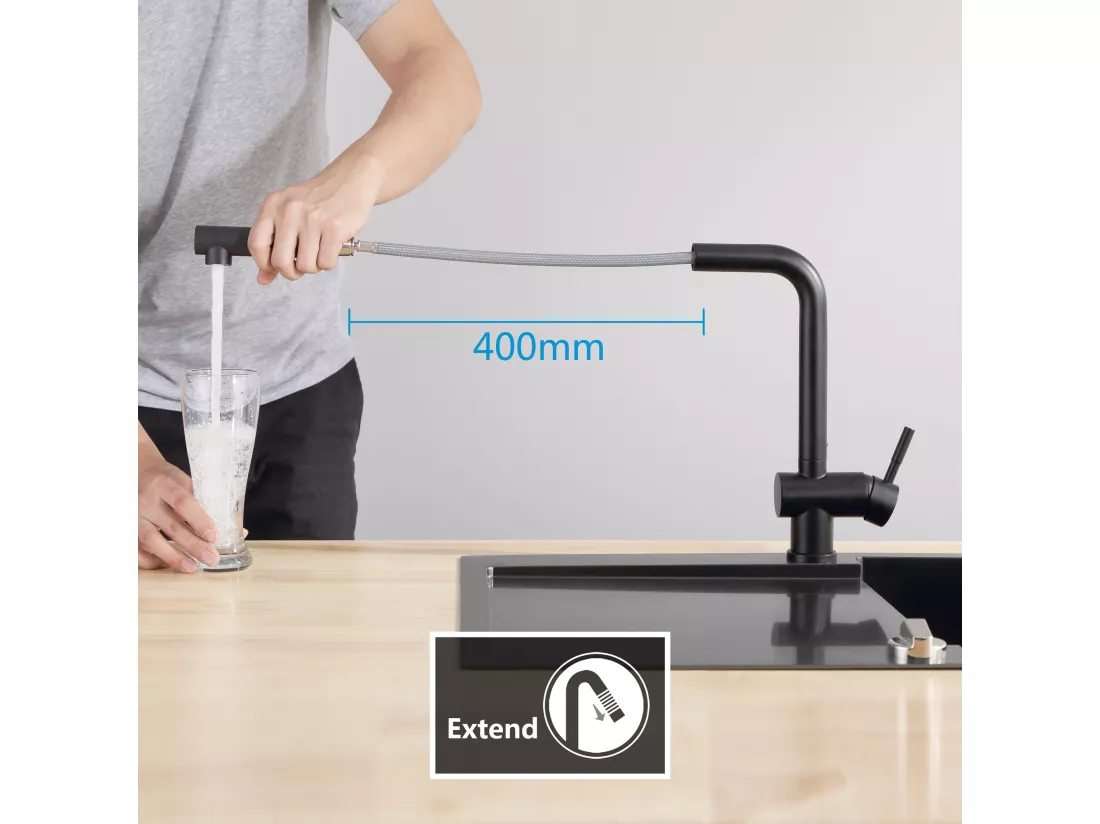 CECIPA MAX Evier 1 Bac en Quartz et Résine Noir Gris 55*44*20cm + Robinet Cuisine avec Douchette Extractible, Mitigeur d'évier Noir