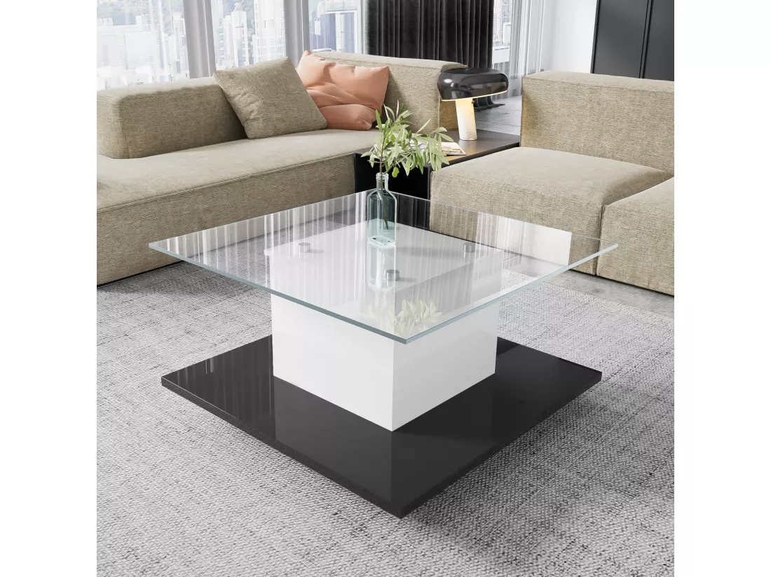 Table basse carré pivotante - avec LED réglables et roulettes frein - verre et panneau de particule - Blanc et Noir - 80x80x40cm