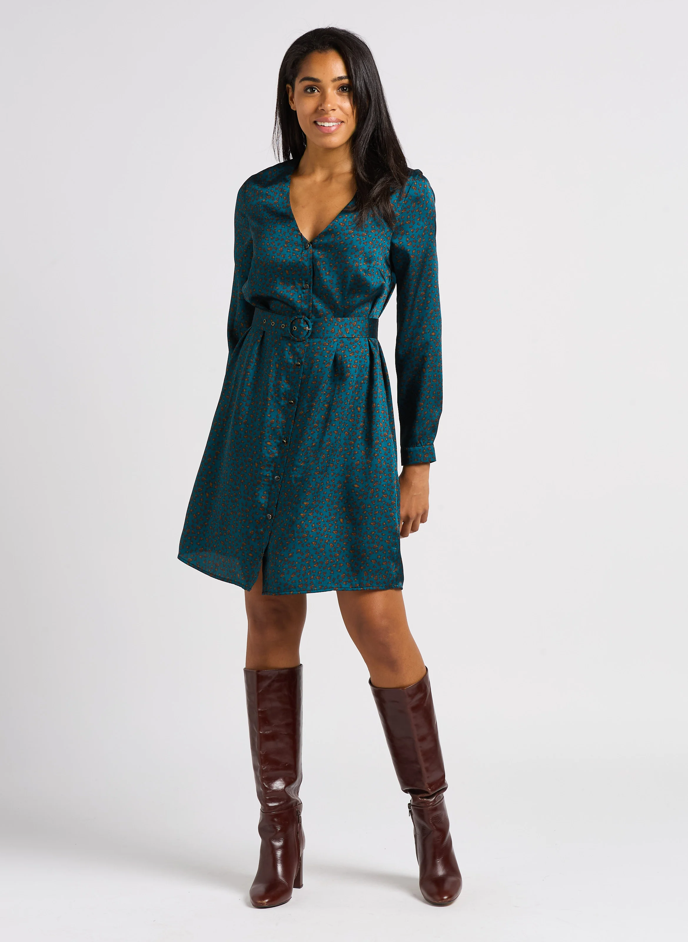 RYANNE - Robe courte droite à col V | Vert