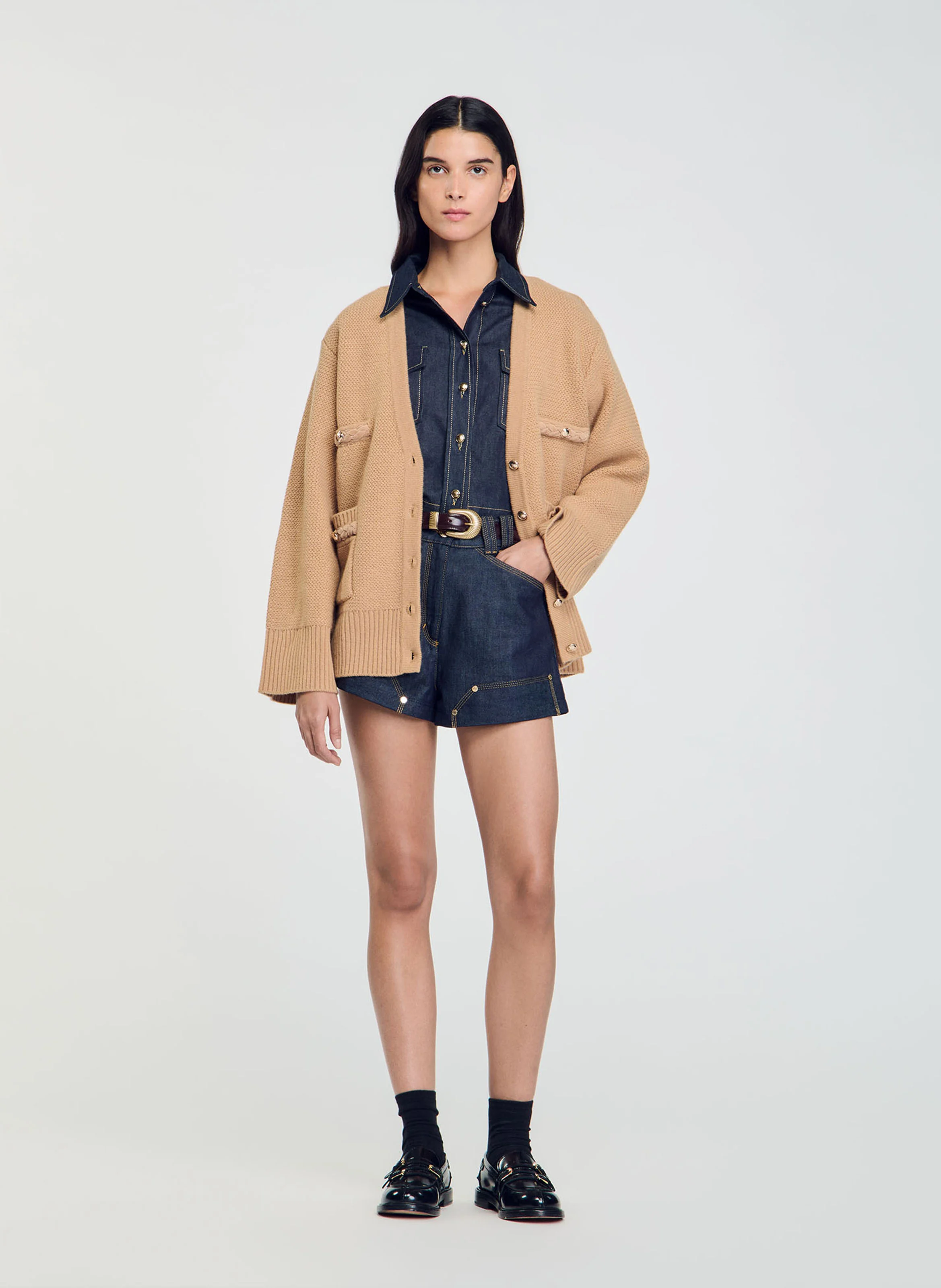 Cardigan ample col V en laine | Marron