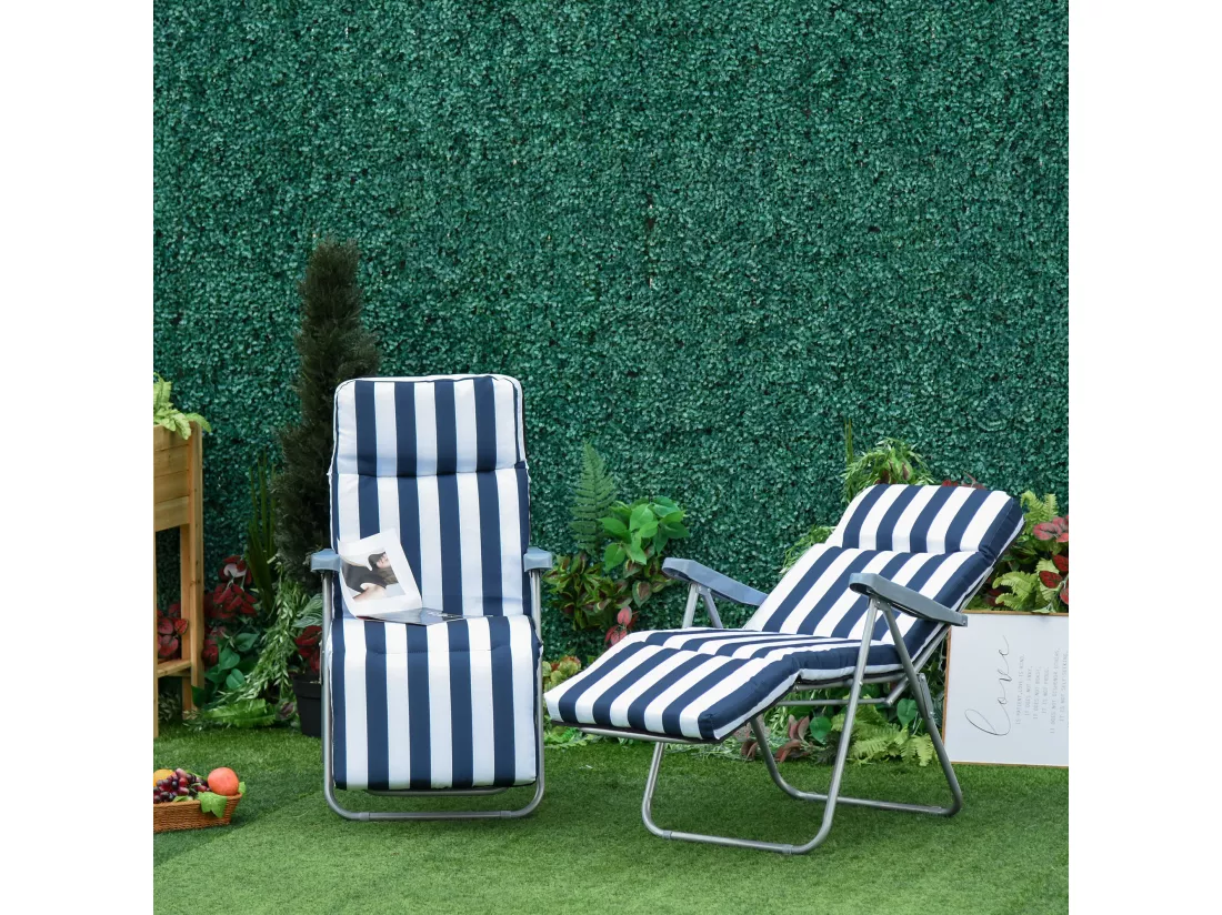 Lot de 2 chaise longue bain de soleil adjustable pliable transat lit de jardin en acier bleu + blanc