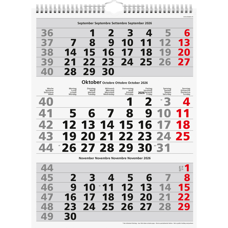 Simplex 3-Monats-Wandkalender 2026, 3 Monate / Seite, rot/grau
