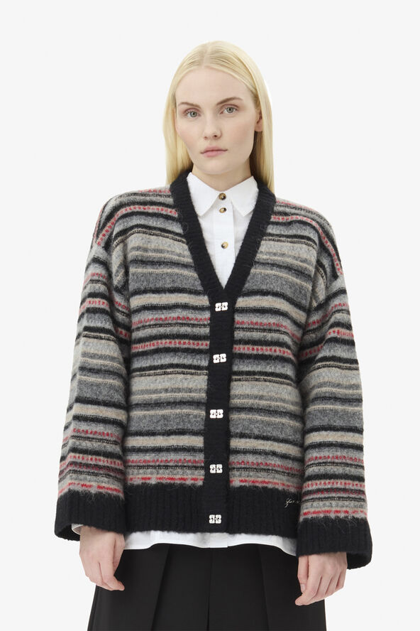 Ganni Soft Wool Stripe Boxy Cardigan Phantom