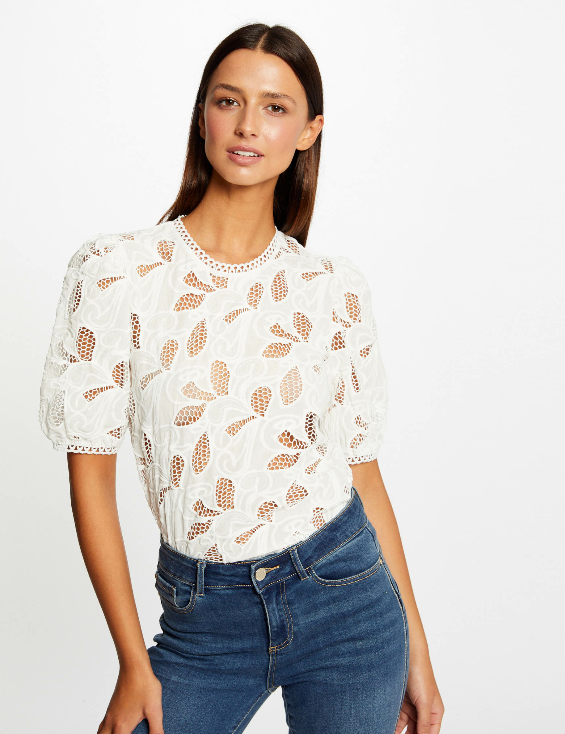 T-shirt manches courtes à détails brodés ecru femme - ecru
