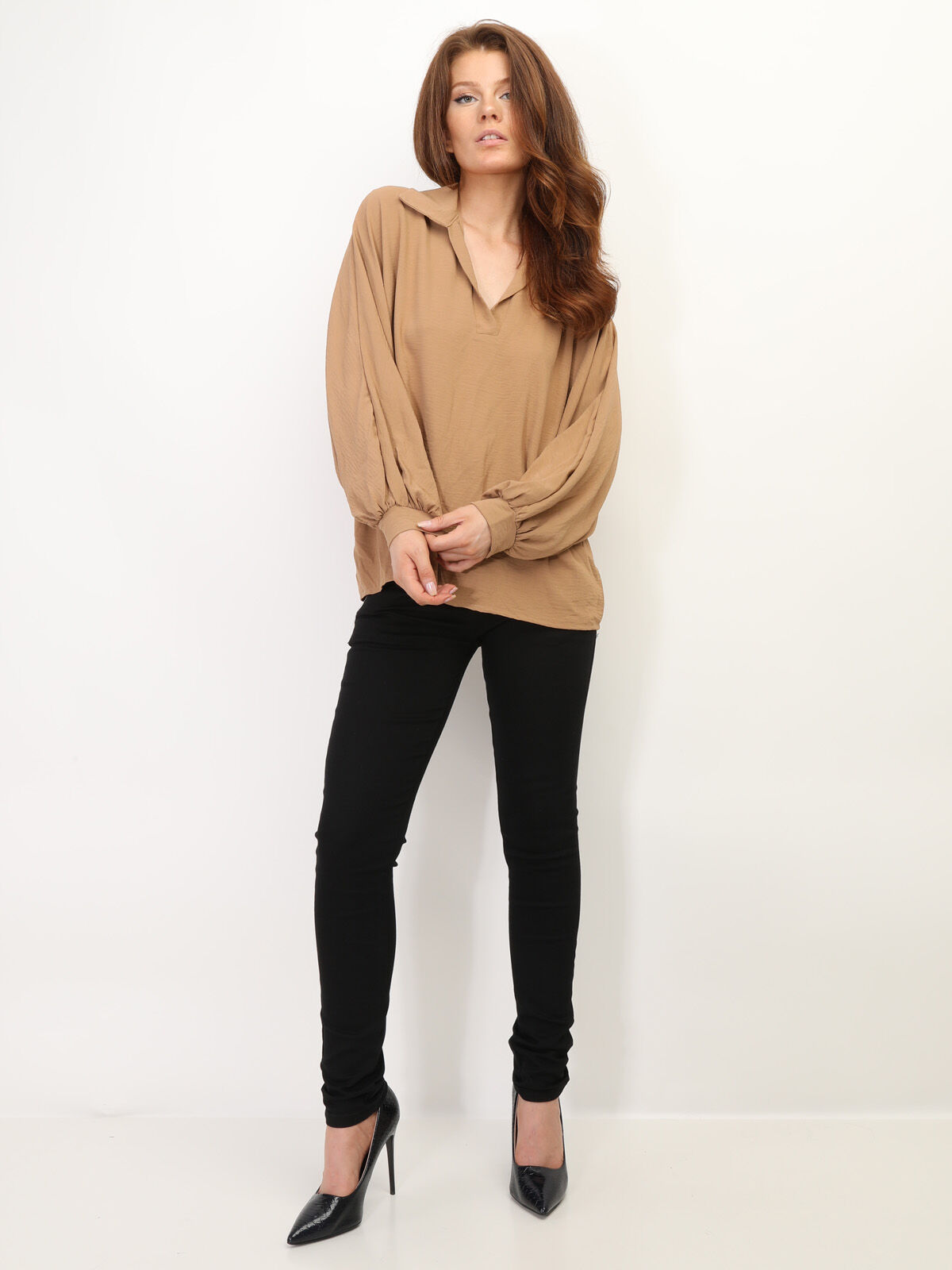 Blouse oversize à manches ballons- Camel