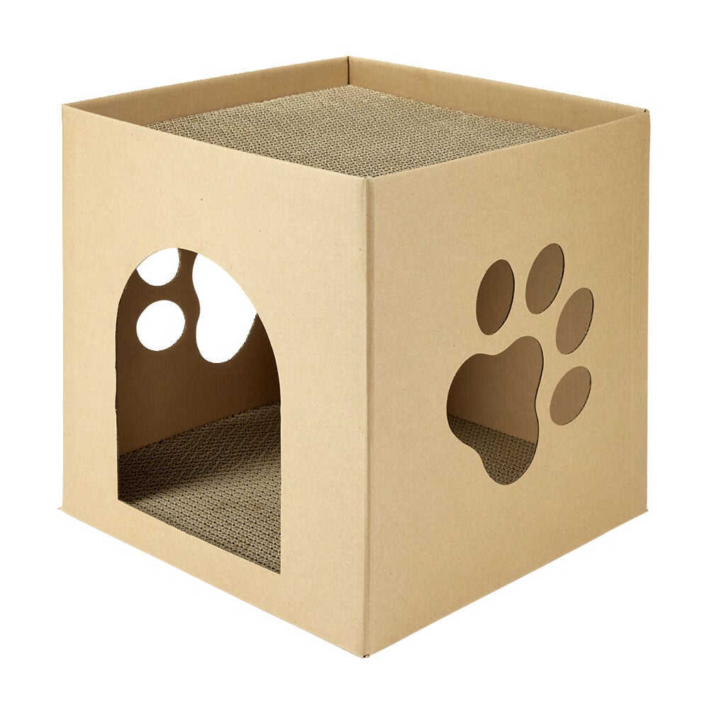 Couchage et grattoir chat carré en carton avec herbe à chat 31x29xH31cm