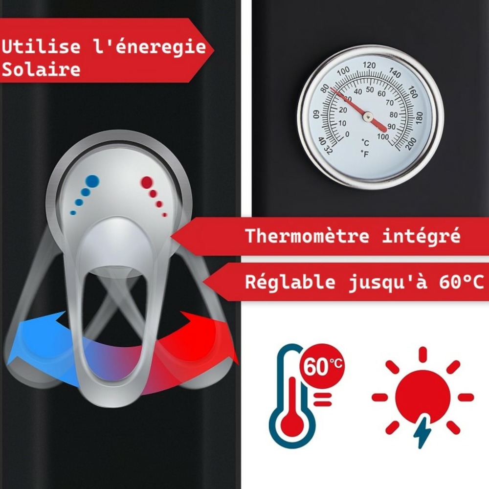 Douche solaire extérieure de camping avec robinet supplémentaire housse de protection-thermomètre intégré 60°c noir