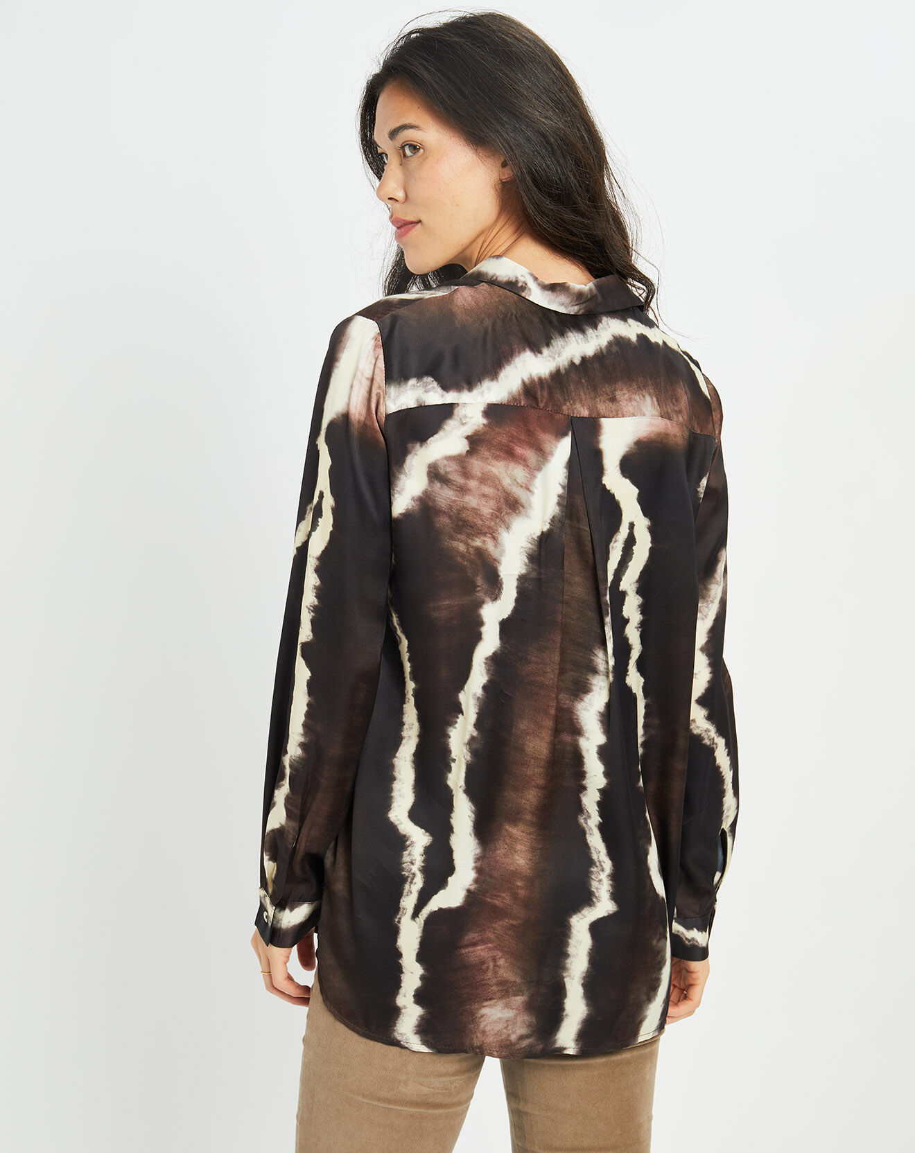 Lauren Vidal Chemise satinée Plume imprimée café