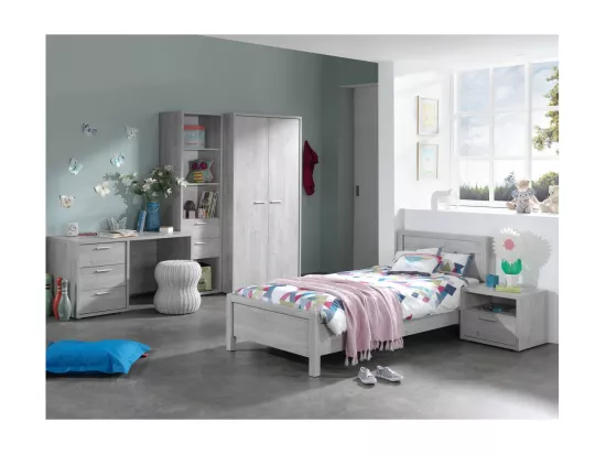 Chambre enfant robuste MATHEO, lit 90x200, armoire, bureau, bibliothéque et chevet