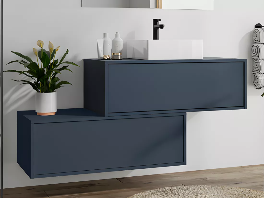 Meuble de salle de bain suspendu bleu nuit avec simple vasque carrée et deux tiroirs - 94 cm - TEANA II