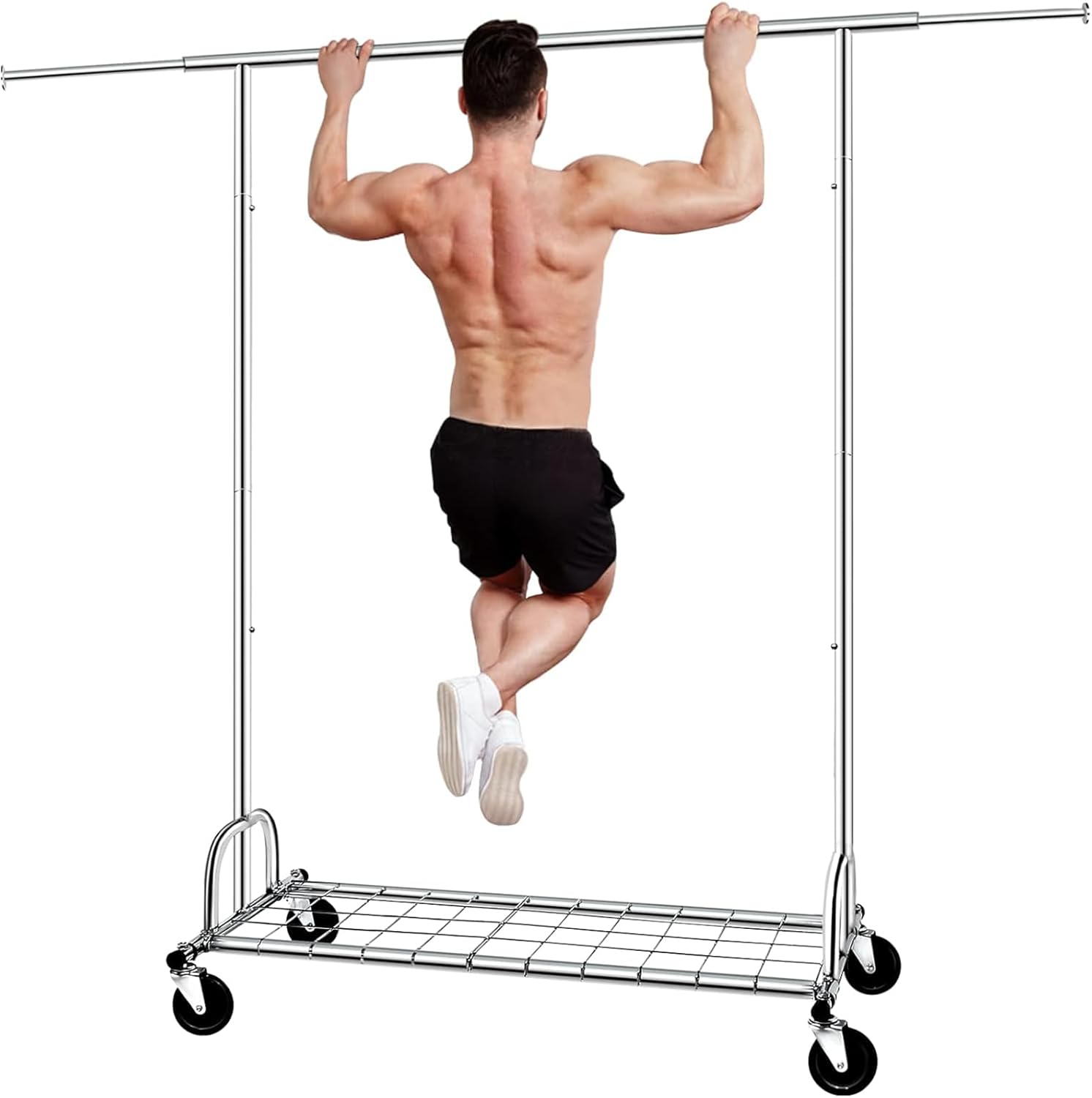 Kleiderständer Schwerlast, SPECILITE 2-in-1 Kleiderständer Stabil mit Rollen und Regalen, Tragkraft 217 KG, Verstellbarer Metall Schwerlast-Garderobenständer auf Rollen