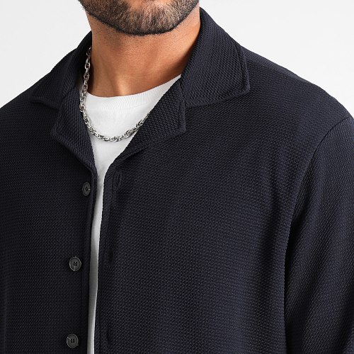 Chemise Manches Longues Texturé Waffle Oversize 0568 Bleu Marine